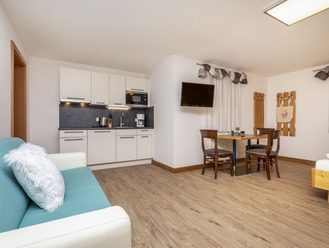 Studio mit Doppelbett, Ausziehcouch, Küchenzeile und Flat-TV